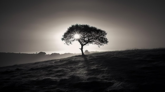 Un arbre se découpe sur un ciel brumeux.