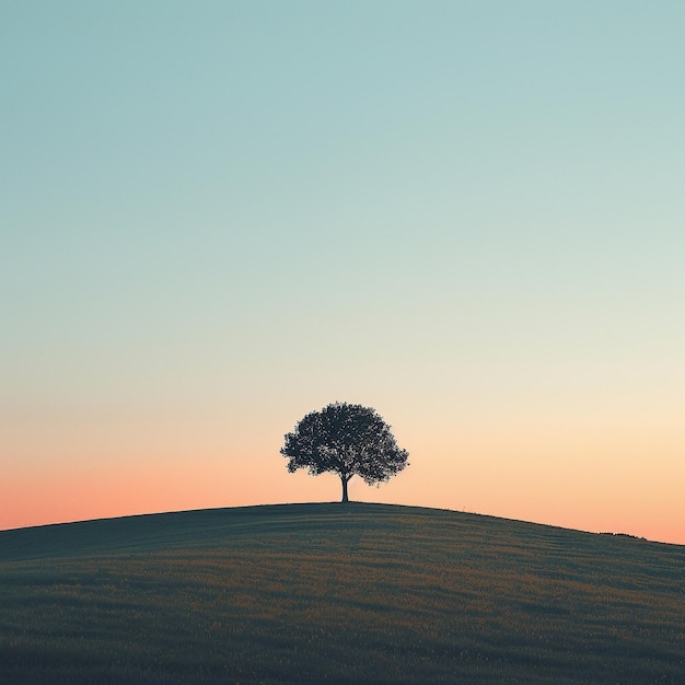 Photo l'arbre se dresse au sommet d'une colline vallonnée douce présentant un paysage minimaliste sous un ciel dégagé