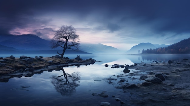 un arbre se dresse près d’un lac serein, perché sur un rocher. cette photo captivante présente des paysages superposés et atmosphériques, avec des images éthérées dans des tons de violet et de bleu. la scène maussade et tranquille