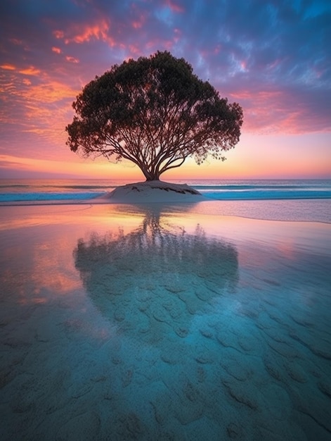 Un arbre se reflète dans l'eau au coucher du soleil.