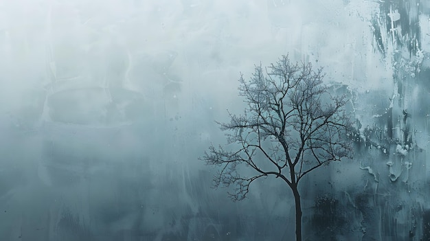 un arbre se tient dans une scène brumeuse avec un arbre au premier plan