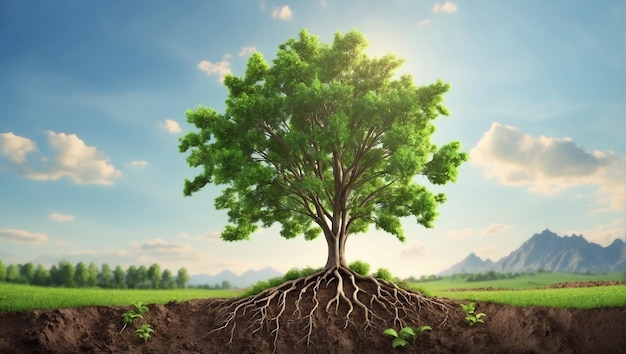 un arbre avec ses racines dans le sol