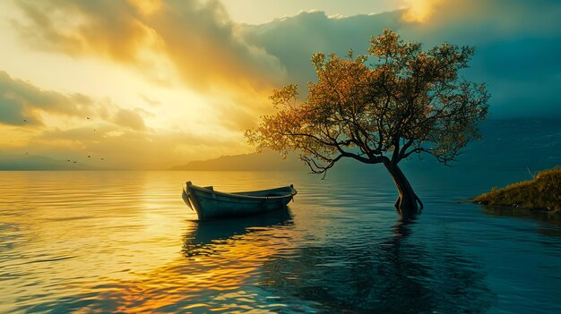 Photo un arbre seul dans un bateau sur l'eau