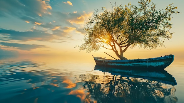 Un arbre seul dans un bateau sur l'eau