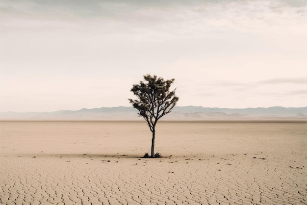un arbre seul debout au milieu d'un paysage désertique