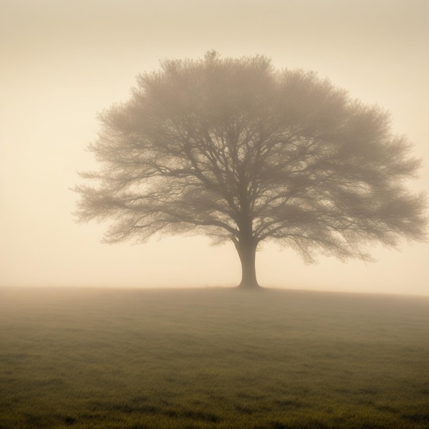 Photo un arbre seul sur un pré dans le brouillard du matin aigénéré