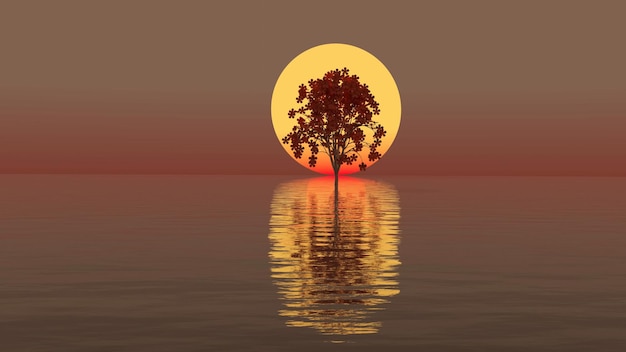 Un arbre de silhouette sur une surface d'eau de lac avec le coucher du soleil à l'arrière-plan le rendu 3D