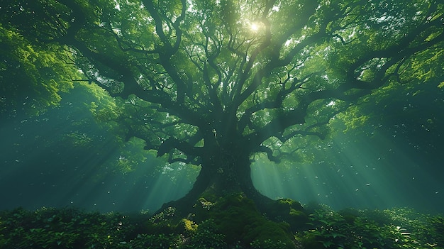 un arbre avec le soleil qui brille à travers lui