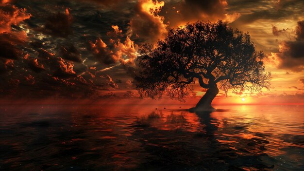 Un arbre solitaire au coucher du soleil rouge
