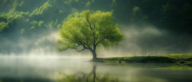 Un arbre solitaire au milieu de la beauté tranquille d'un lac brumeux entouré de verdure