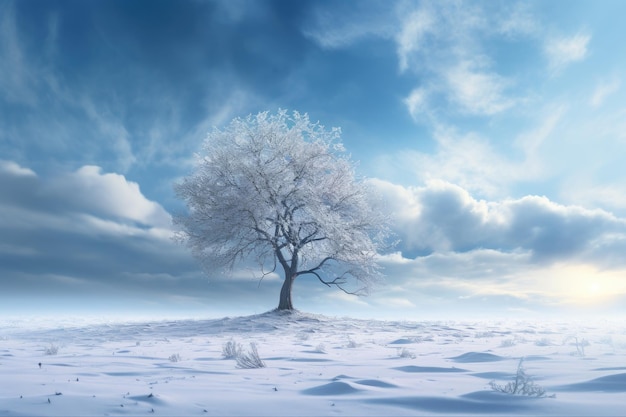 un arbre solitaire au milieu d'un champ enneigé