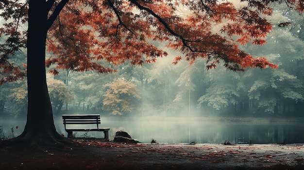 un arbre solitaire à l'automne couleurs paysage d'un parc brumeux vue sur un matin d'octobre calme