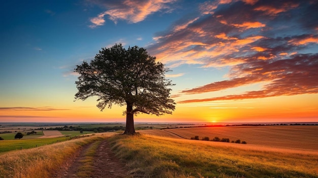 un arbre solitaire sur une colline herbeuse au coucher du soleil