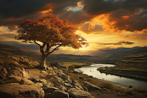 Arbre solitaire sur une colline surplombant une rivière au coucher du soleil