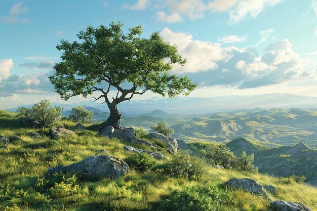 Photo un arbre solitaire sur une colline surplombant une vallée