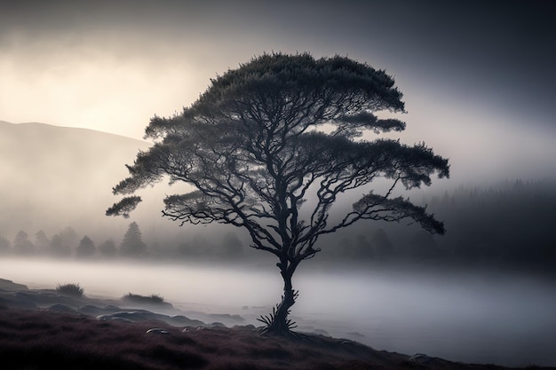 Arbre solitaire dans la brume