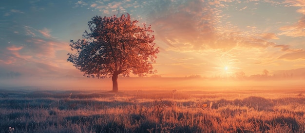 Photo arbre solitaire dans un champ au coucher du soleil avec lumière du soleil et vue panoramique sur le brouillard