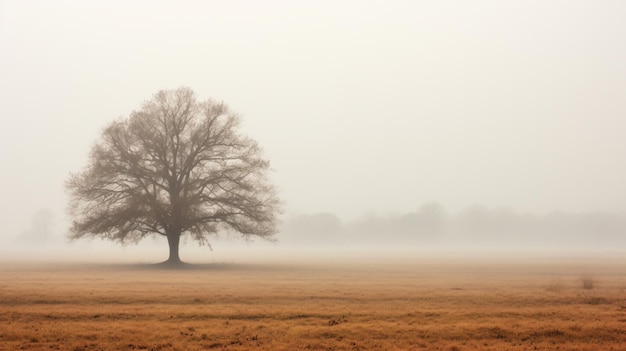 un arbre solitaire dans un champ avec un ciel brumeux