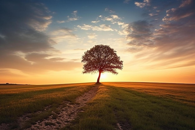 un arbre solitaire dans un champ avec le coucher de soleil en arrière-plan.