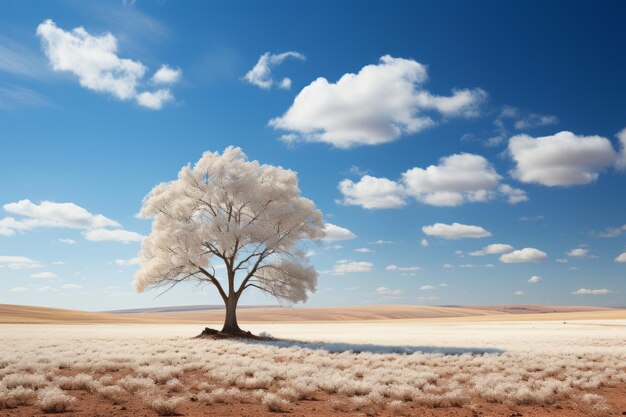 un arbre solitaire dans un champ sous un ciel bleu