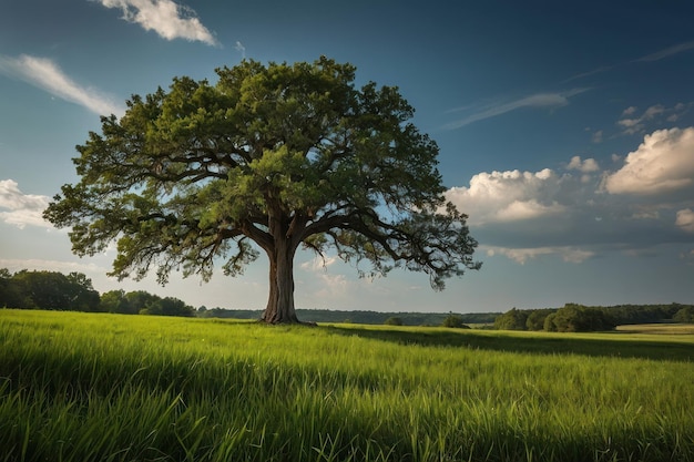 Un arbre solitaire dans un champ vert sous un ciel vaste