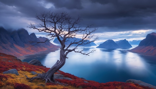 Un arbre solitaire debout sur une colline surplombant une grande étendue d'eau telle qu'un lac ou une mer