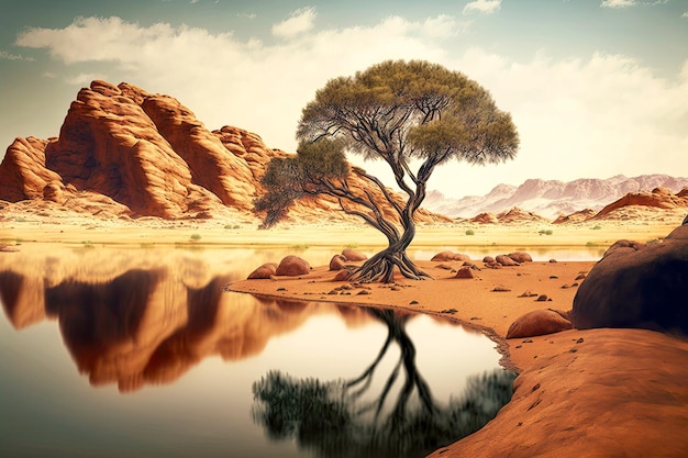 Arbre solitaire debout sur la rive d'un petit étang sur fond de beaux rochers dans le désert