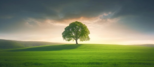 Arbre solitaire debout sur un sommet de colline sur un magnifique panorama du paysage du lever du soleil avec des champs d'herbe verte vibrante Illustration générative d'IA