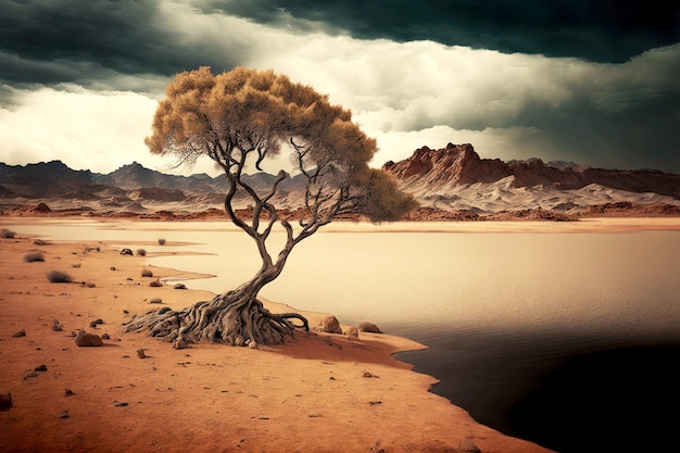 Arbre solitaire du désert sur la rive de l'étang sur fond de magnifique paysage de montagne et de sk orageux