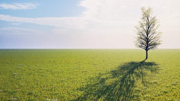 Arbre solitaire avec ombre dans un champ avec herbe verte et ciel bleu rendu 3d