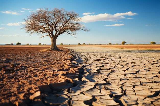 Un arbre solitaire pousse sur des terres fissurées, illustrant les conséquences de la sécheresse sur les changements climatiques