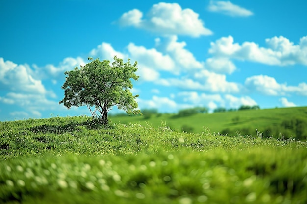 Photo un arbre solitaire sur la prairie verte avec un ciel bleu en arrière-plan