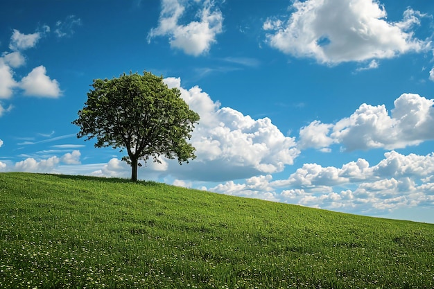 Photo un arbre solitaire sur une prairie verte et un ciel bleu avec des nuages