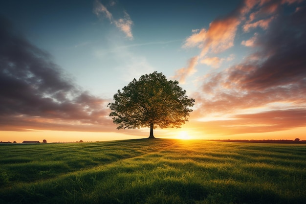 Arbre solitaire sur le pré au coucher du soleil