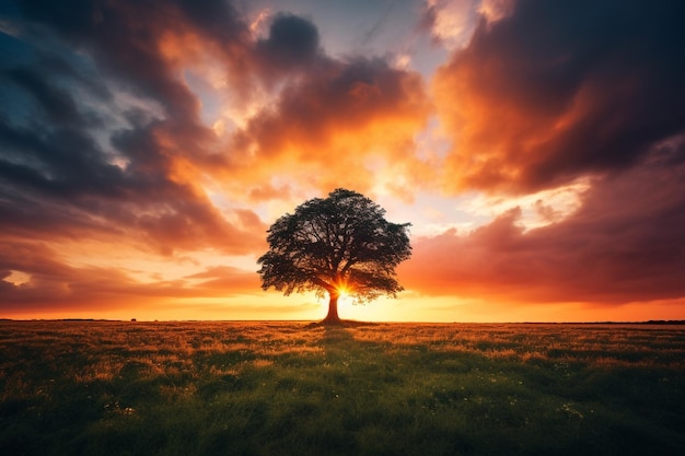 Arbre solitaire sur le pré au coucher du soleil