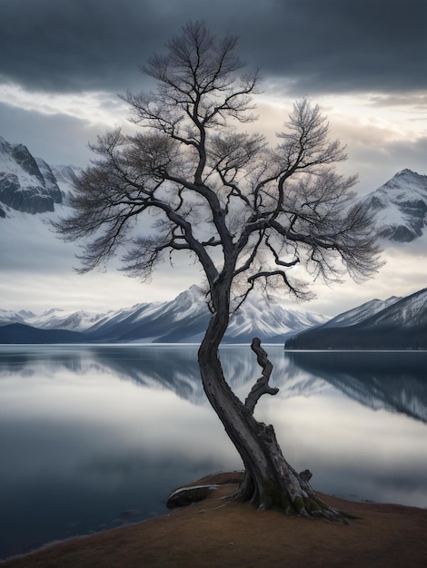 un arbre solitaire se dresse au bord d'un lac avec des montagnes en arrière-plan