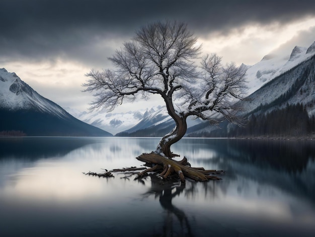 un arbre solitaire se dresse au milieu d'un lac