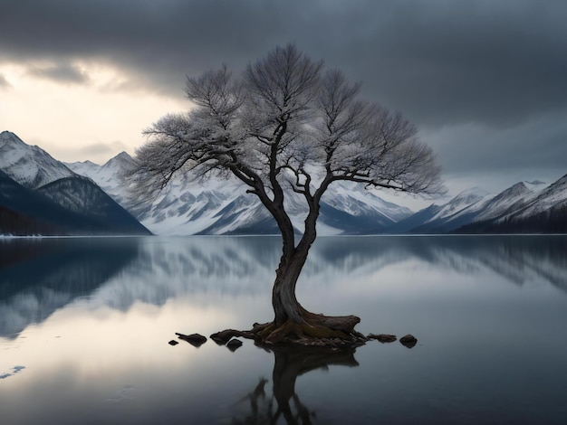 un arbre solitaire se dresse au milieu d'un lac