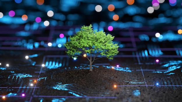 Un arbre solitaire se dresse au milieu de lignes numériques lumineuses sur une surface sombre symbolisant la nature qui rencontre la technologie
