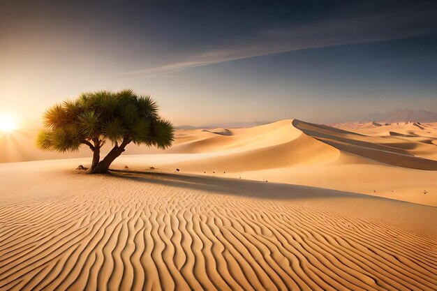 Un arbre solitaire se dresse dans les dunes de sable.