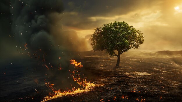 Un arbre solitaire se dresse résistant au milieu d'un paysage désolé de terre fumante et de fumée tourbillonnante.