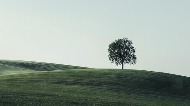 un arbre solitaire se tient sur une colline avec un champ vert en arrière-plan