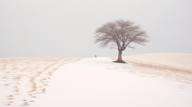 Arbre solitaire solitaire dans la neige d'hiver et la solitude du lac minimaliste Weber d'image d'IA générative