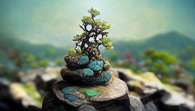 Arbre spirituel japonais poussant sur des rochers de montagne dans la nature