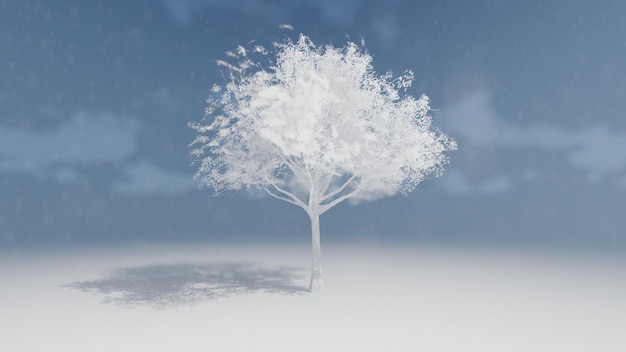 Arbre stylisé blanc et son ombre sur un fond de ciel bleu avec des nuages