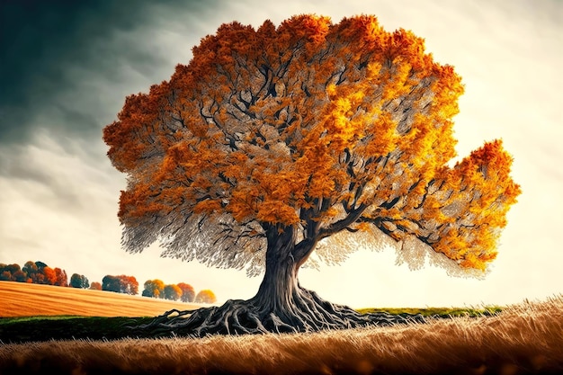 Arbre tentaculaire moelleux dans le champ pendant la chute des feuilles d'automne créé avec l'IA générative