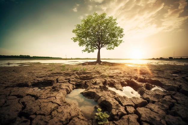 Un arbre sur une terre fissurée