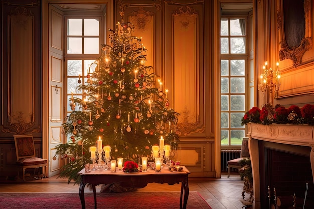 Un arbre traditionnel décoré d'ornements délicats et de bougies dans une salle joliment décorée