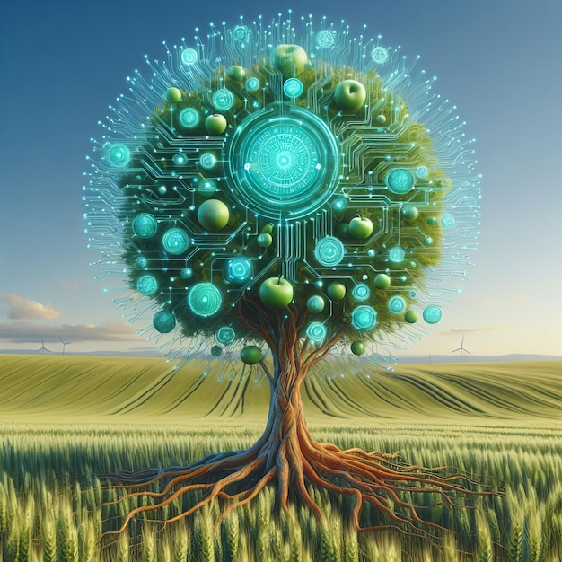 Arbre vert avec des branches sous la forme d'un réseau numérique fruits électroniques concept futuriste