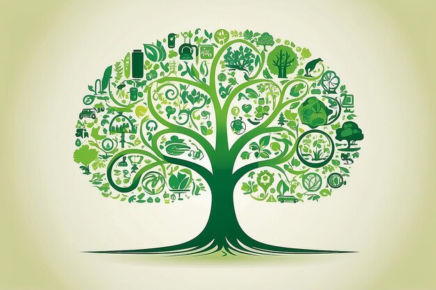 Arbre vert à concept écologique avec de nombreuses icônes et logos écologiques